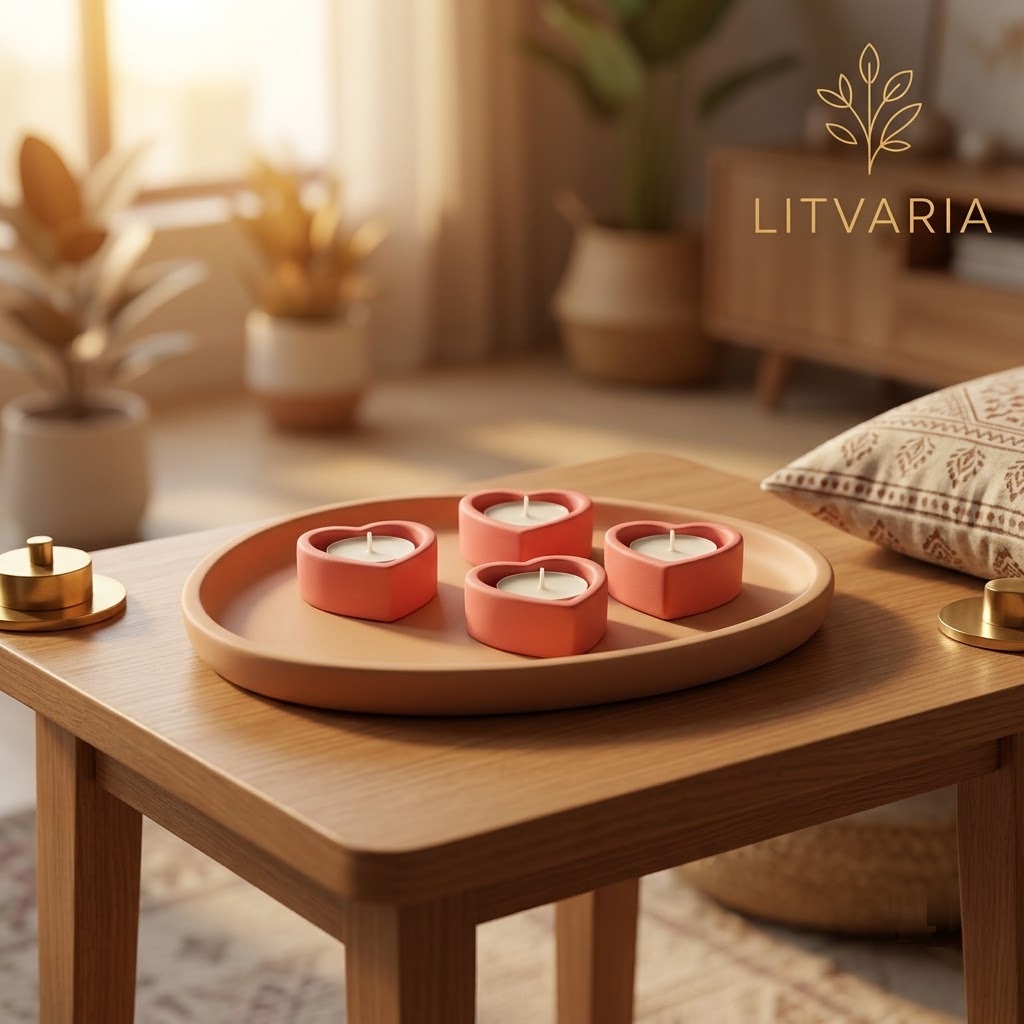 LITVARIA Teal Cylinder Tealight Holder — Set of 4 with Tray