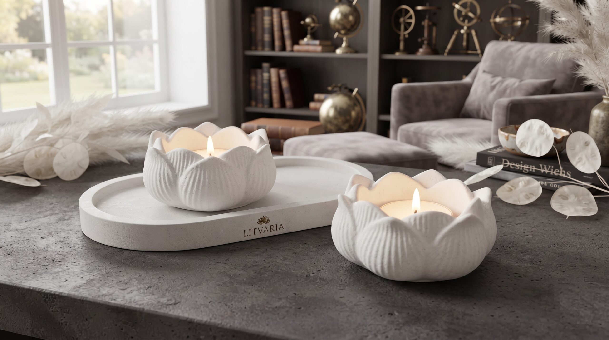 LITVARIA White Ceramic Lotus Tealight Holder — Set of 2 with Tray (Diwali Edition)